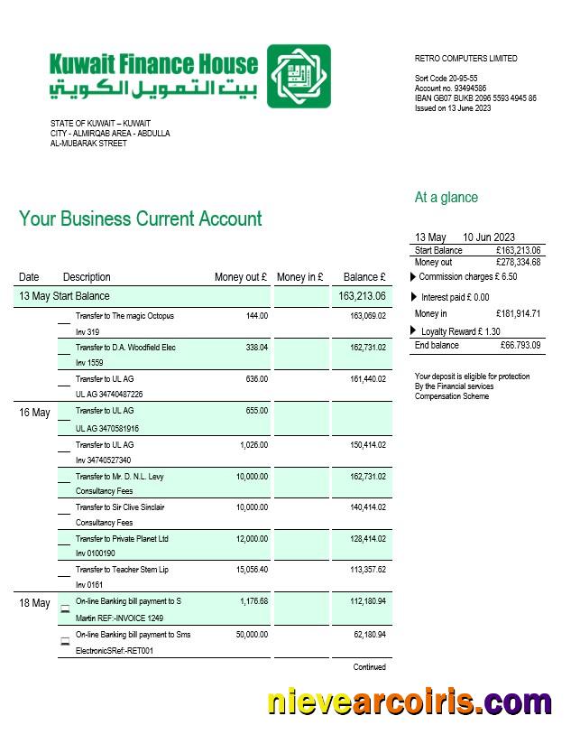 Kuwait Finance House Bank firm account statement